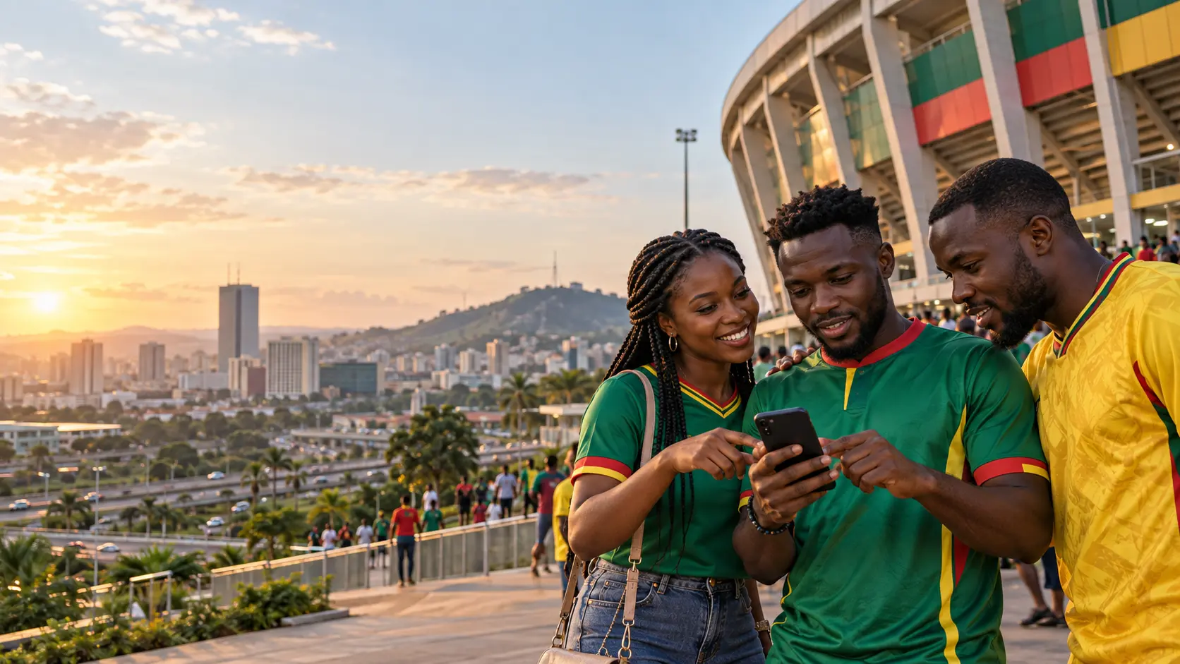 Supporters adultes à Yaoundé consultant un match sur téléphone