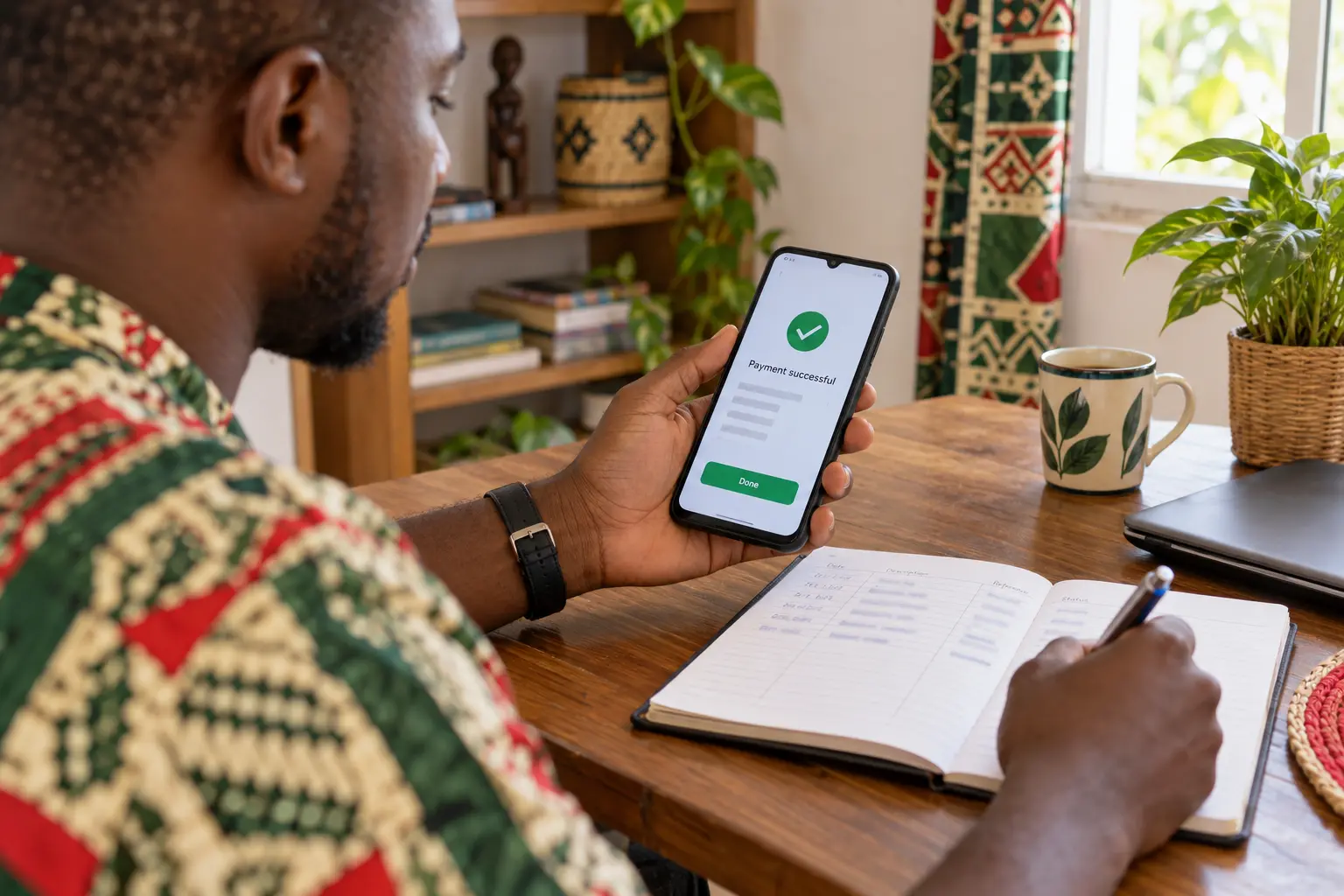 Client adulte confirmant un paiement mobile dans un point de service à Yaoundé